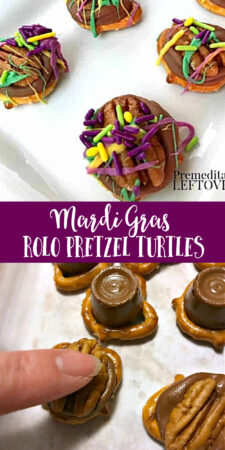 mardi gras rolo pretzel turtles with purple, green, and gold icing and sprinkles
