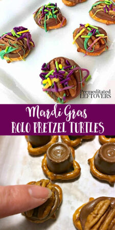 mardi gras rolo prtzel turtles with purple, green, and gold sprinkles