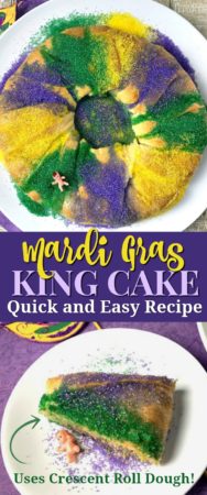 Quick and easy Mardi Gras king cake recipe using packaged crescent roll dough.