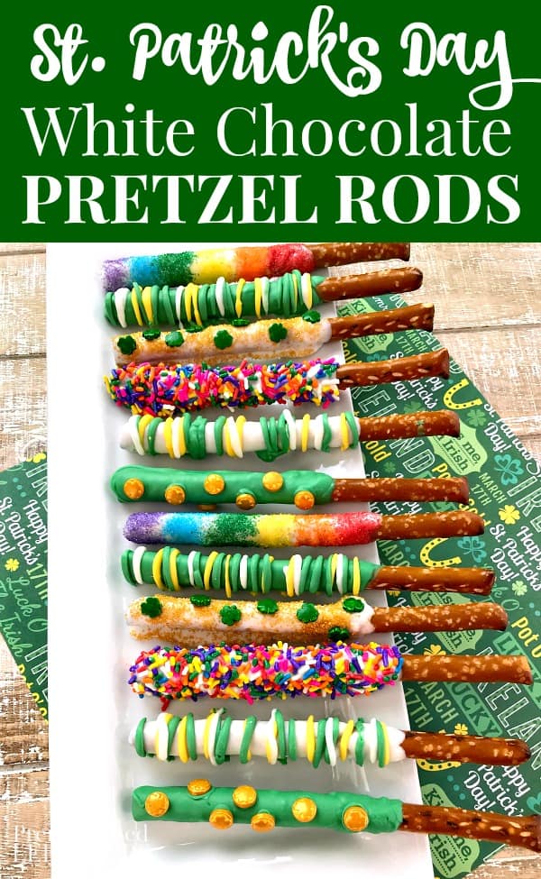 St. Patrick's Day White Chocolate Covered Pretzel Rods Recipe on a white platter