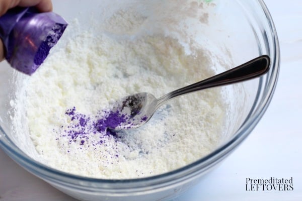 Adding mica colors to Ingredients for Mermaid Bath Bomb Recipe