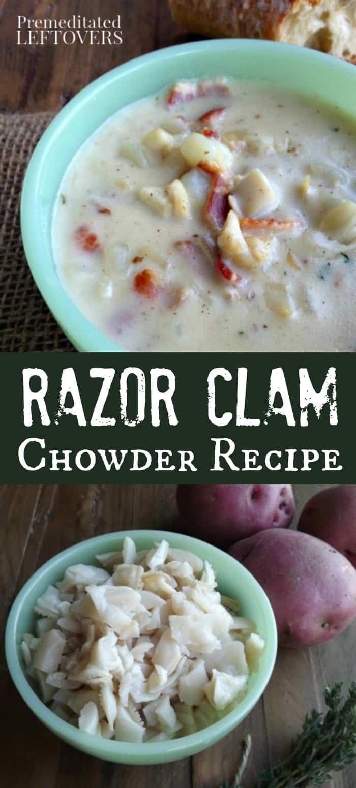 Homemade Razor Clam Chowder Recipe with potatoes and herbs.