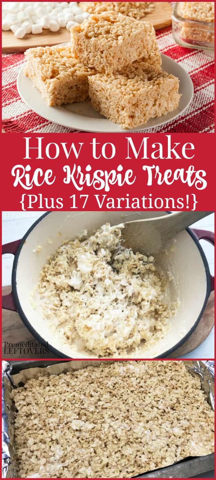 Step by step directions on how to make Rice Krispie Treats plus 17 variations
