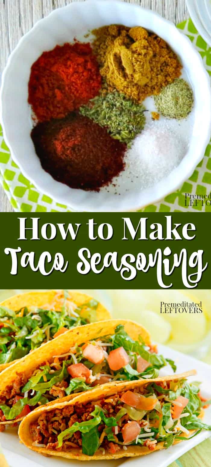 the ingredients for taco seasoning in a bowl and a plate of homemade tacos.