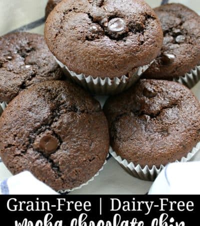 Gluten-free mocha chocolate chip muffins in a lined basket.