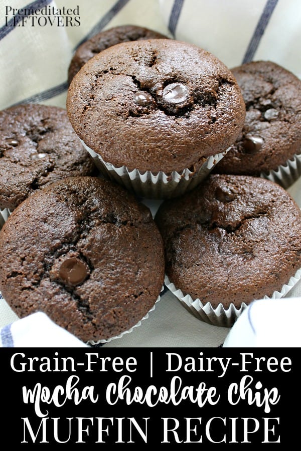 Gluten-free mocha chocolate chip muffins in a lined basket.