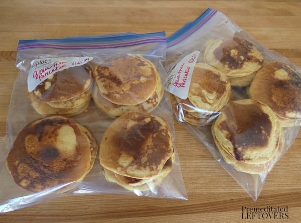 A freezer bag filled with homemade grain-free freezer pancakes.