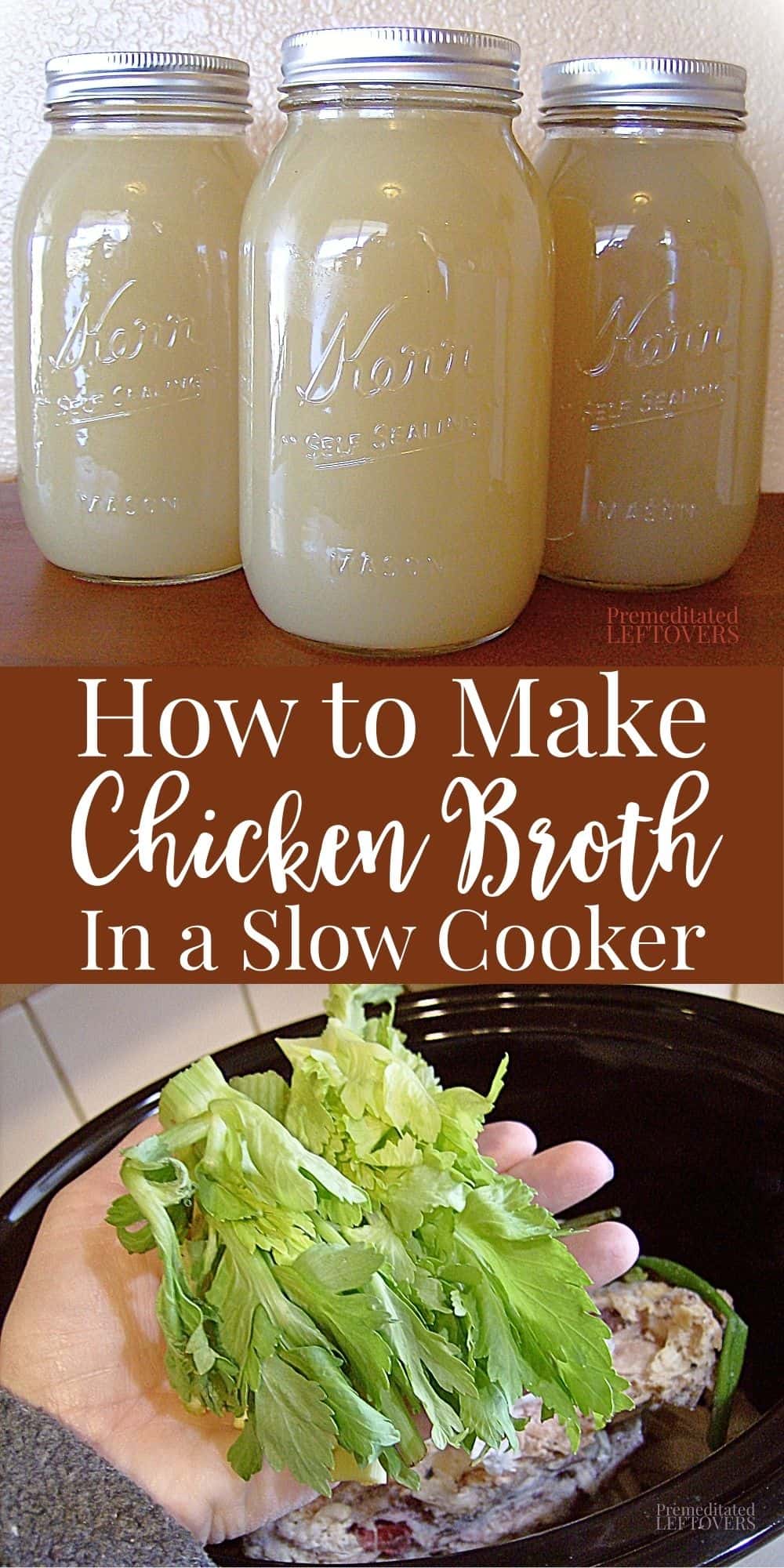 How to make chicken broth in a slow cooker or Crock pot using chicken bones and vegetable scraps.