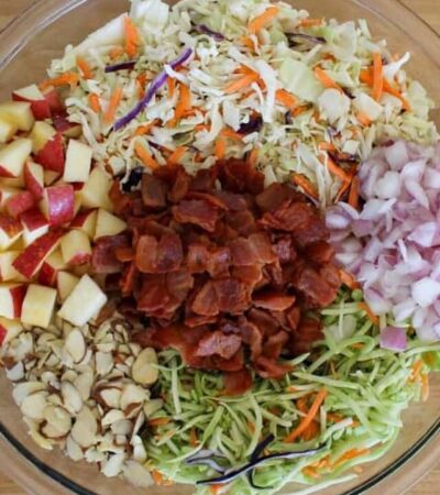 Loaded coleslaw recipe with bacon, apple, and almond slivers