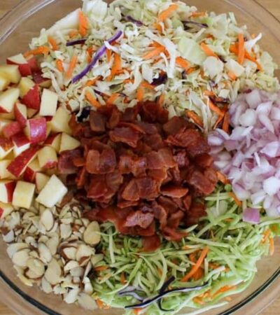 Loaded coleslaw recipe with bacon, apple, and almond slivers