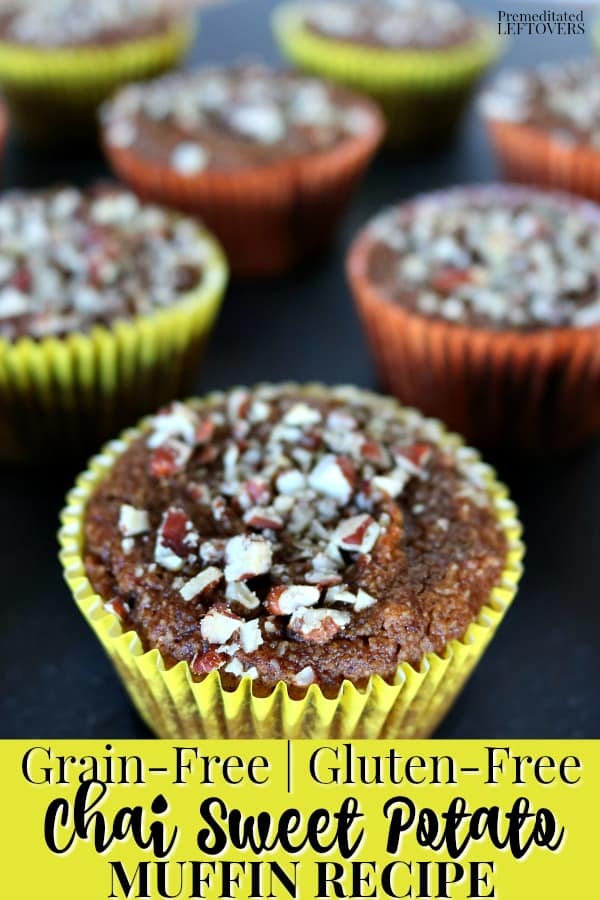 This Grain-Free Sweet Potato Muffins recipe is also gluten-free and dairy-free. This muffin recipe uses almond flour. The muffins are flavored with Chai Spices and topped with chopped pecans. Makes a great make-ahead breakfast recipe.