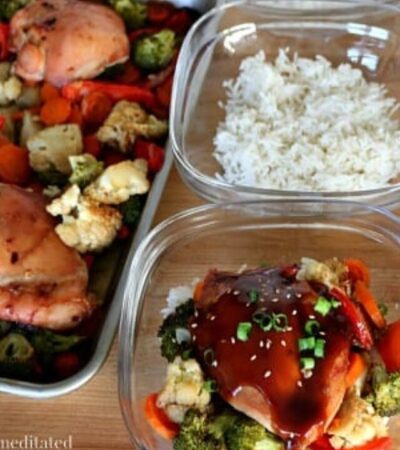 Meal Prep Mongolian Chicken Thighs and Vegetables using a sheet pan chicken recipe.