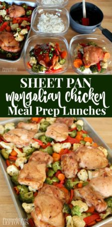 Sheet pan Mongolian chicken and vegetables recipe used to meal prep lunches.