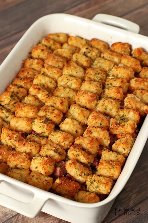 Delicious corned beef and cabbage casserole with tater tots.