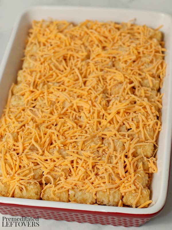 Cheddar cheese layered on top of tater tots.