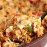 A tasty chipotle pasta skillet recipe with ground beef and melted cheese.