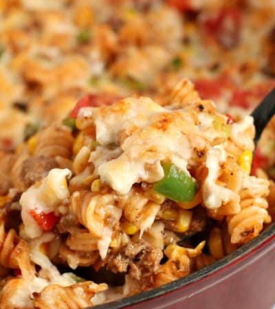 A tasty chipotle pasta skillet recipe with ground beef and melted cheese.