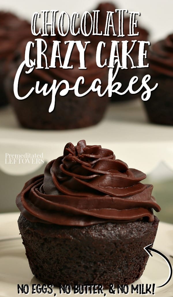 This chocolate crazy cupcakes recipe was popular during the 1930s when staples were scarce. It doesn't use eggs, butter, or milk. Also called chocolate surprise cake or chocolate wacky cake cupcakes.
