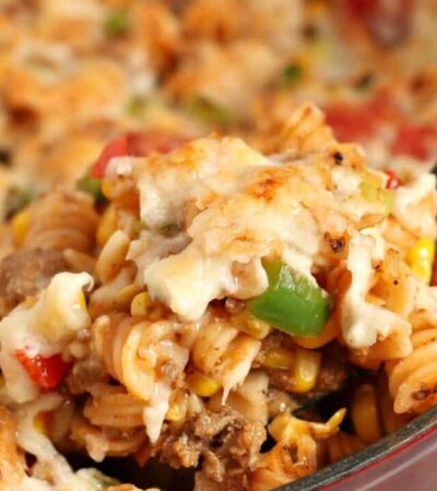 A tasty chipotle pasta skillet recipe with ground beef and melted cheese.