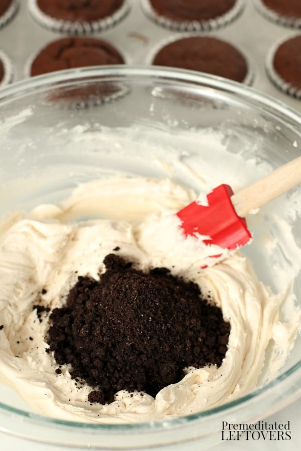 Stir the crushed Oreos into the frosting.