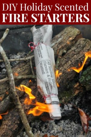 diy holiday scented fire starter on logs in a fire pit