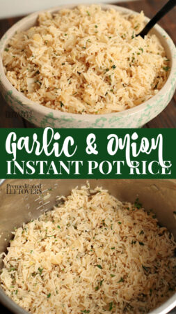 Easy instant pot garlic rice recipe with onion and parsley.