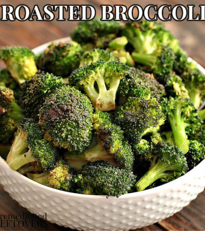 roasted broccoli in a white bowl