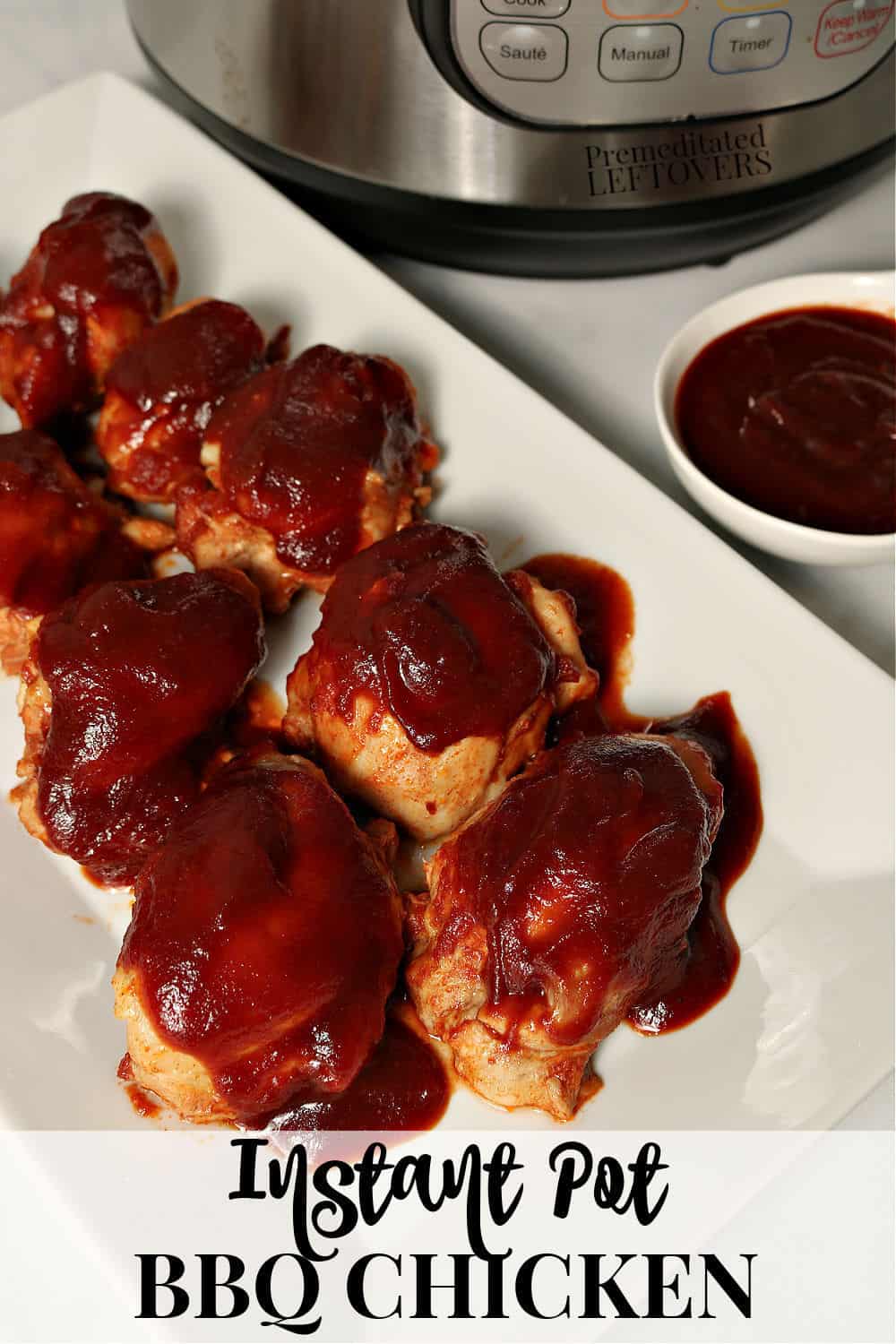 Instant Pot barbecue chicken thighs on a white platter