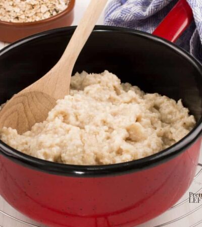 cooked oatmeal in a red pot