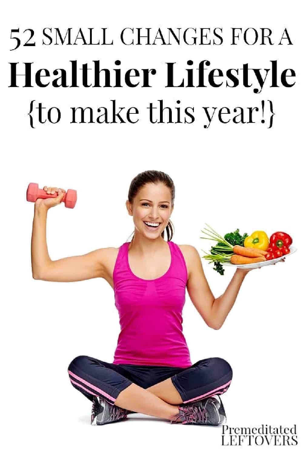 a woman holding a dumbbell in one hand and a plate of vegetables in the other