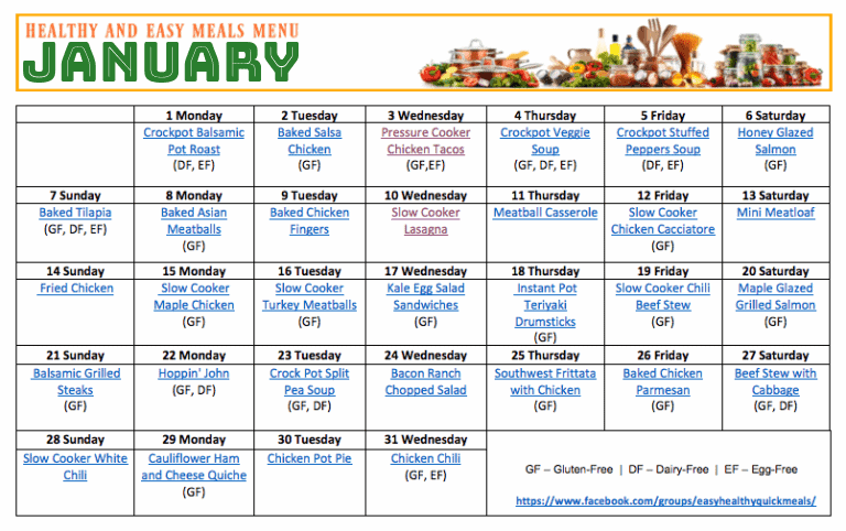 January Calendar with 31 Healthy Meals with Printable Menu Plan