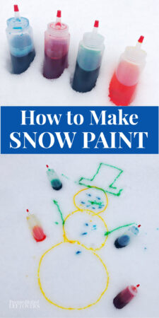 homemade snow paint in bottles sitting in the snow next to snowman painted on the snow with snow paint