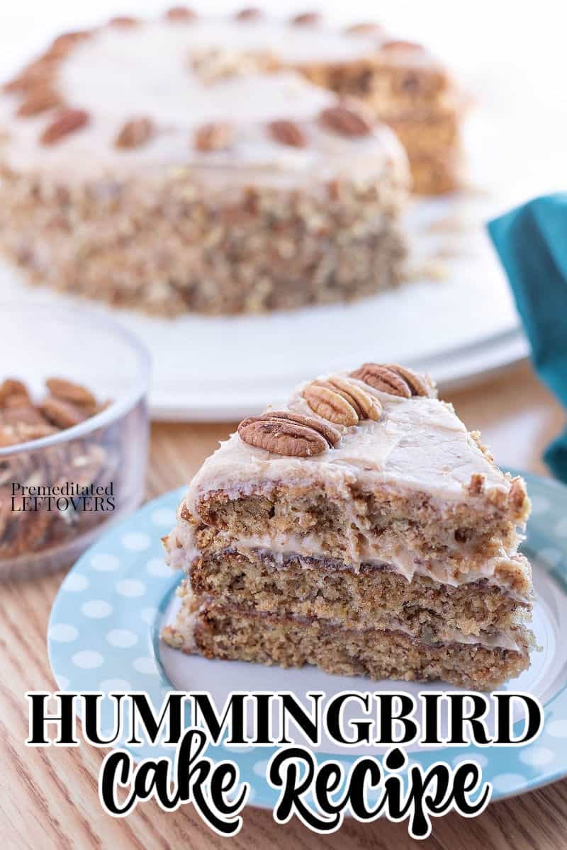 A slice of homemade hummingbird cake on a plate with the hummingbird cake in the background