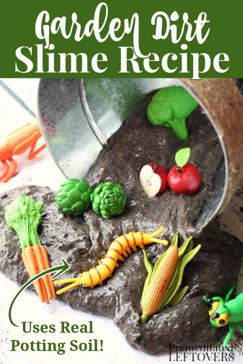 homemade garden dirt slime recipe using potting soil - diy mud slime in a bucket with toy vegetables.