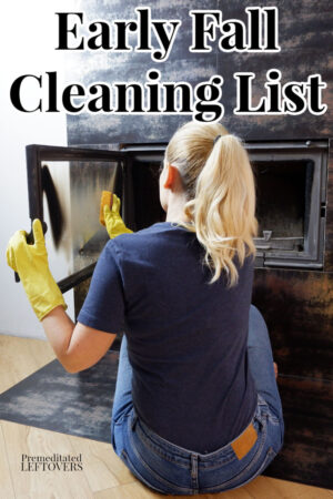 woman cleaning fireplace in the fall for winter prep