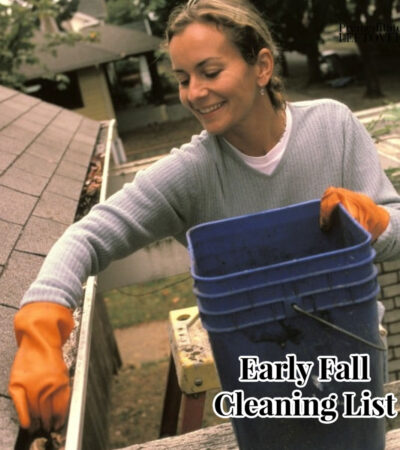 Woman removing leaves from gutter as part of fall cleaning and winter prep.