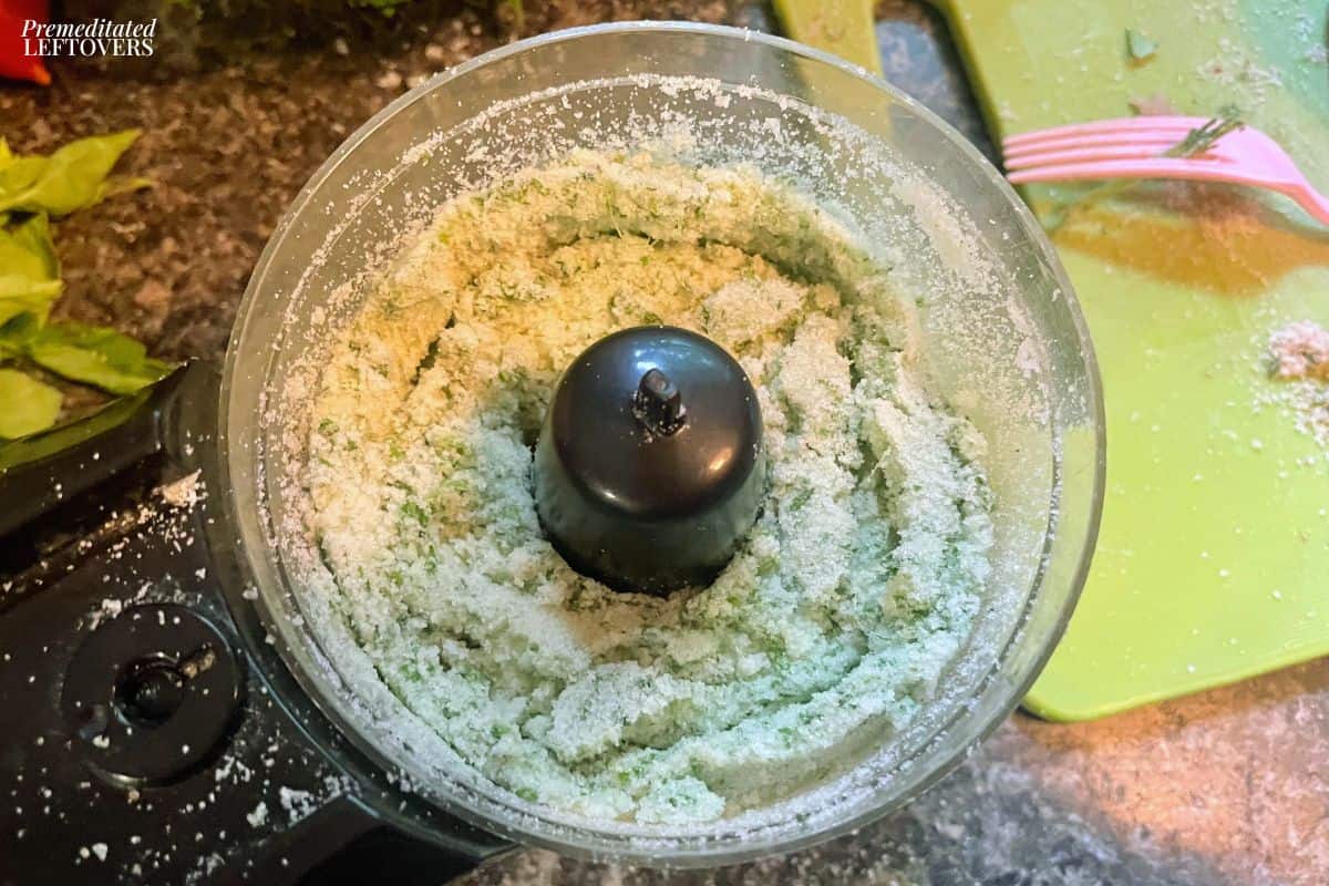 Homemade Basil Salt Process Picture 3: ground salt and basil in food processor.