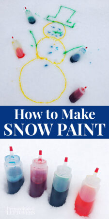 homemade snow paint in bottles sitting in the snow next to snowman painted on the snow with snow paint