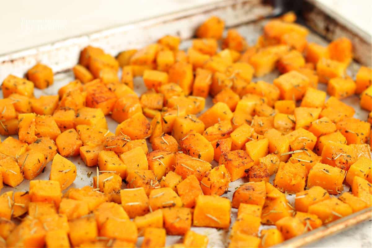 roasted sweet potato cubes with rosemary, garlic, and onion
