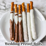 chocolate covered wedding pretzel rods that look like a bride and groom