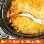 chicken enchilada casserole that is done cooking in the crock pot and is ready to serve.