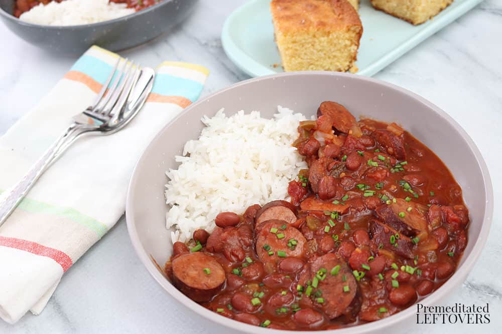 Finished recipe for Crock-Pot Cajun Red Beans and Rice - in a bowl and all ready for your Mardi Gras party!