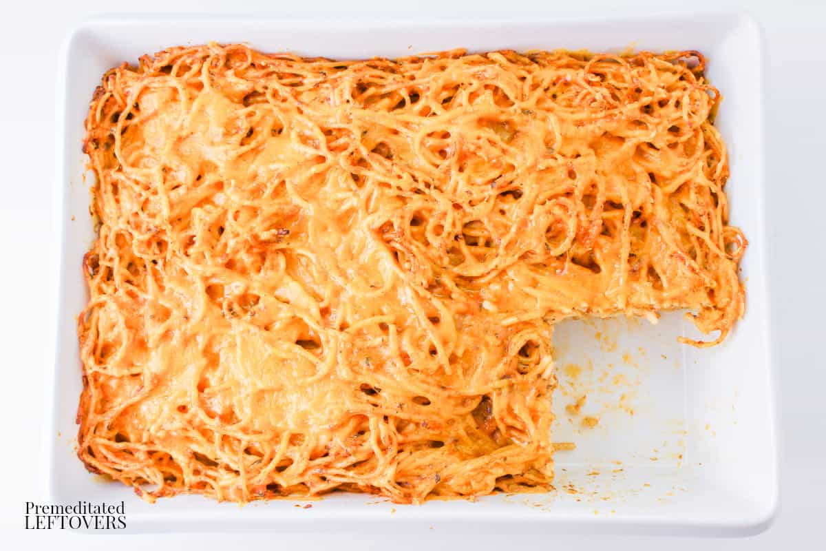 Finished Leftover Spaghetti Casserole with a slice removed