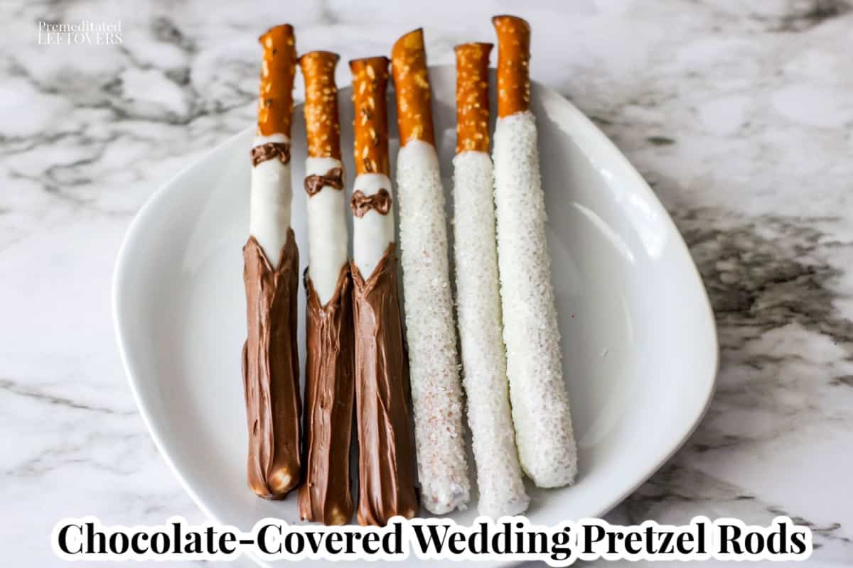 homemade chocolate covered groom and bride wedding pretzel rods