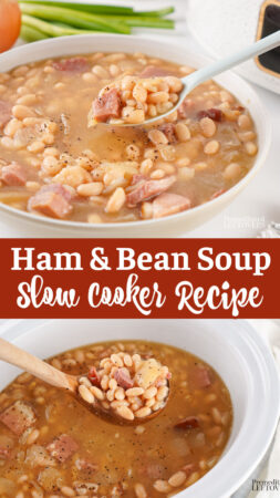 crockpot ham and bean soup in a bowl and being ladled from slow cooker