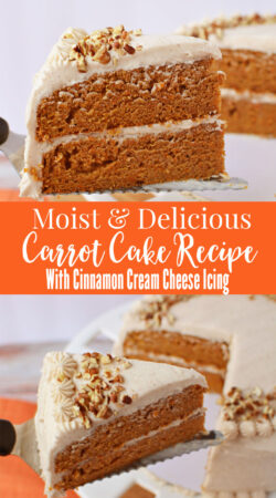 a sliced of carrot cake recipe with cinnamon cream cheese frosting and chopped pecans
