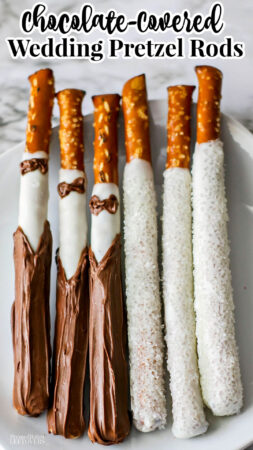 handmade chocolate-covered wedding pretzel rods that look like a bride and groom..