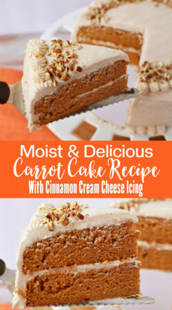 a slice of homemade carrot cake recipe with cinnamon cream cheese Icing and chopped pecans