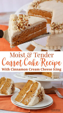 moist carrot cake recipe with cinnamon cream cheese frosting served on a white plate