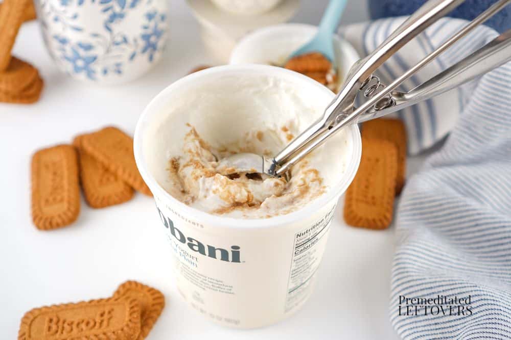 serving japanese Cheesecake from a large tub of Greek Yogurt